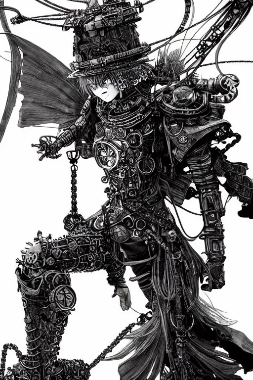 Image similar to a vertical portrait of a character in a scenic environment by Yoshitaka Amano and Nihei Tsutomu, black and white, dreamy, steampunk armor, highly detailed