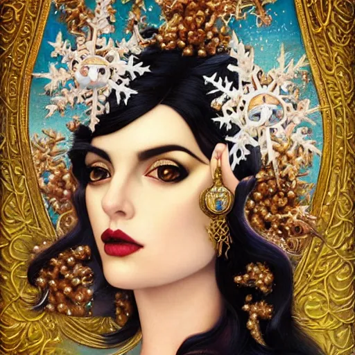 Image similar to dynamic composition, a painting of woman with hair of ( snowflakes )!! and ( vines in winter )! wearing ornate earrings, ornate gilded details, a surrealist painting by tom bagshaw and jacek yerga and tamara de lempicka and jesse king, featured on cgsociety, pop surrealism, surrealist, dramatic lighting, wiccan, pre - raphaelite