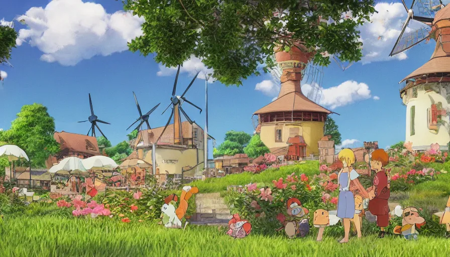 Prompt: ghibli and children drawing style of a cute milk tea pub in the middle of grass ， colorful flowers ， big windmills ， sky and clouds ， unreal engine, hyper realism, realistic shading, cinematic composition, realistic render, octane render, detailed textures, photorealistic, wide shot
