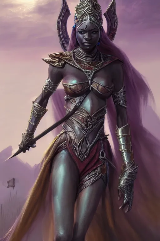 Prompt: african drow princess, wearing armour, highly detailed, d & d, fantasy, highly detailed, digital painting, trending on artstation, concept art, sharp focus, illustration, global illumination, ray tracing, realistic shaded, art by artgerm and greg rutkowski and thomas cole and wayne barlowe