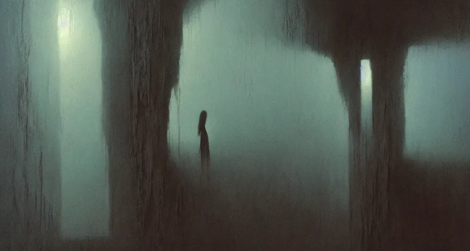 Image similar to she peers into the abyss, and sees the abyss looking back at her, dramatic lighting, smooth, sharp details, intricate, sad and powerful painting by beksinski and john harris and greg rutkowski