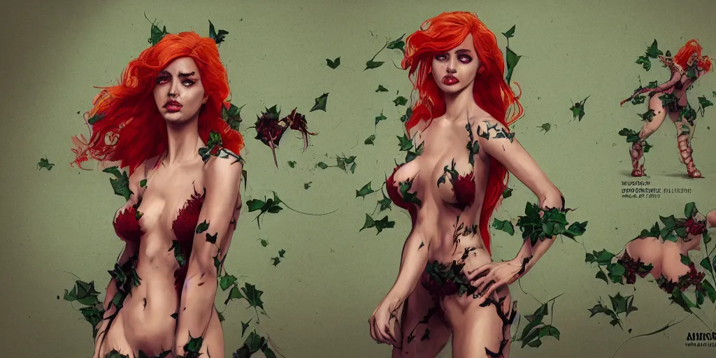 Image similar to ana de armas as poison ivy, character sheet, concept design, contrast, kim jung gi, greg rutkowski, zabrocki, karlkka, jayison devadas, trending on artstation, 8 k, ultra wide angle, pincushion lens effect