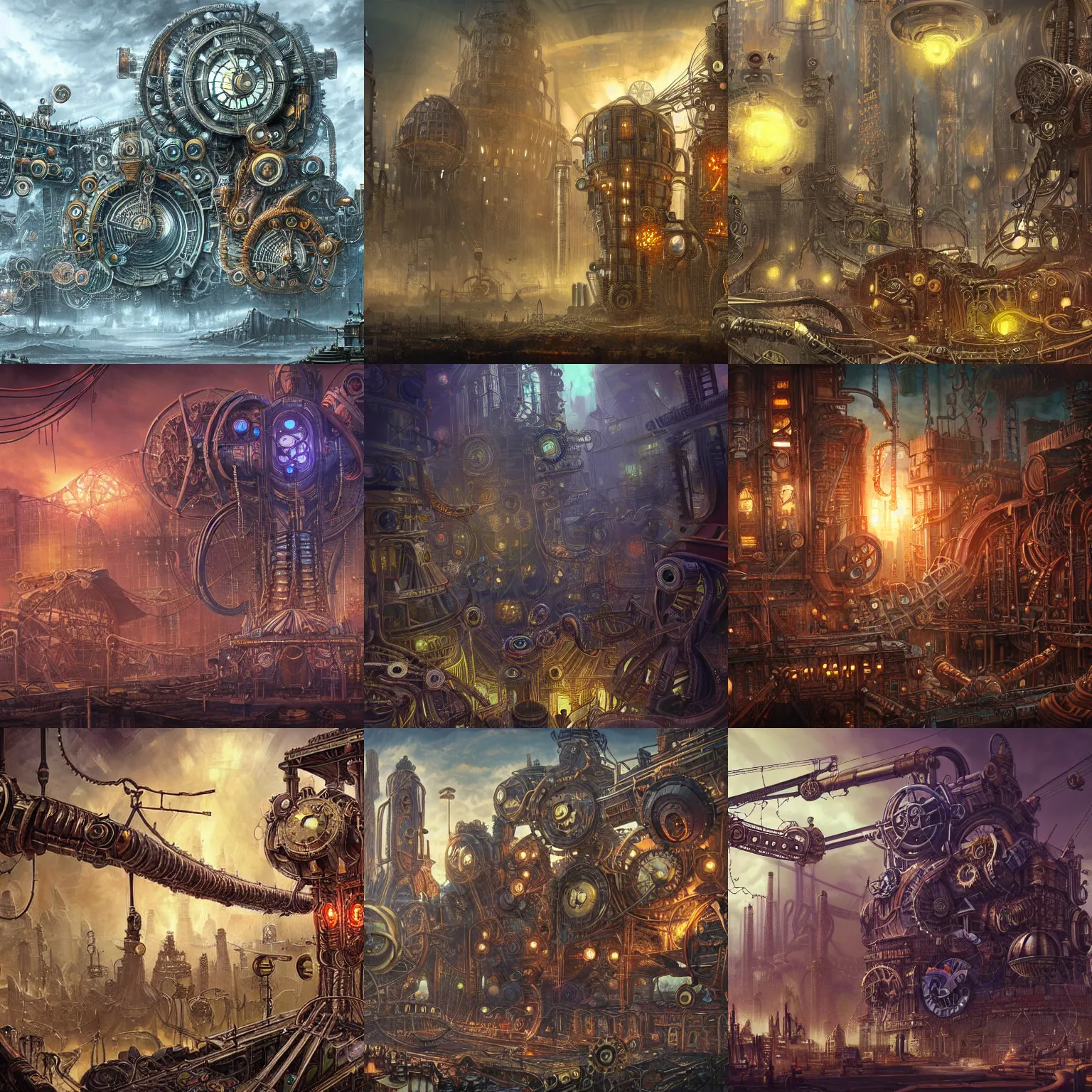 Prompt: enormous city-sized complicated steampunk machinery, psychedelic art, lovecraftian, epic, 4k, concept art, detailed