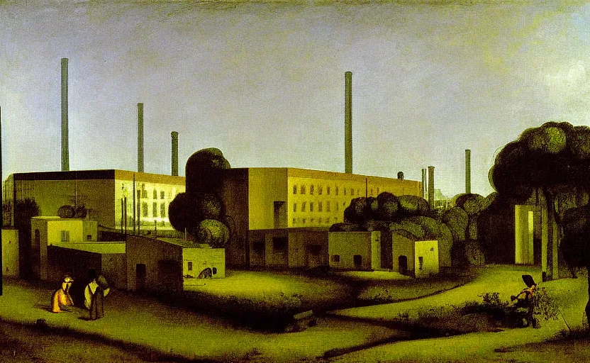 Prompt: geometric painting of industrial buildings surrounded by undergrowth by gustave courbet