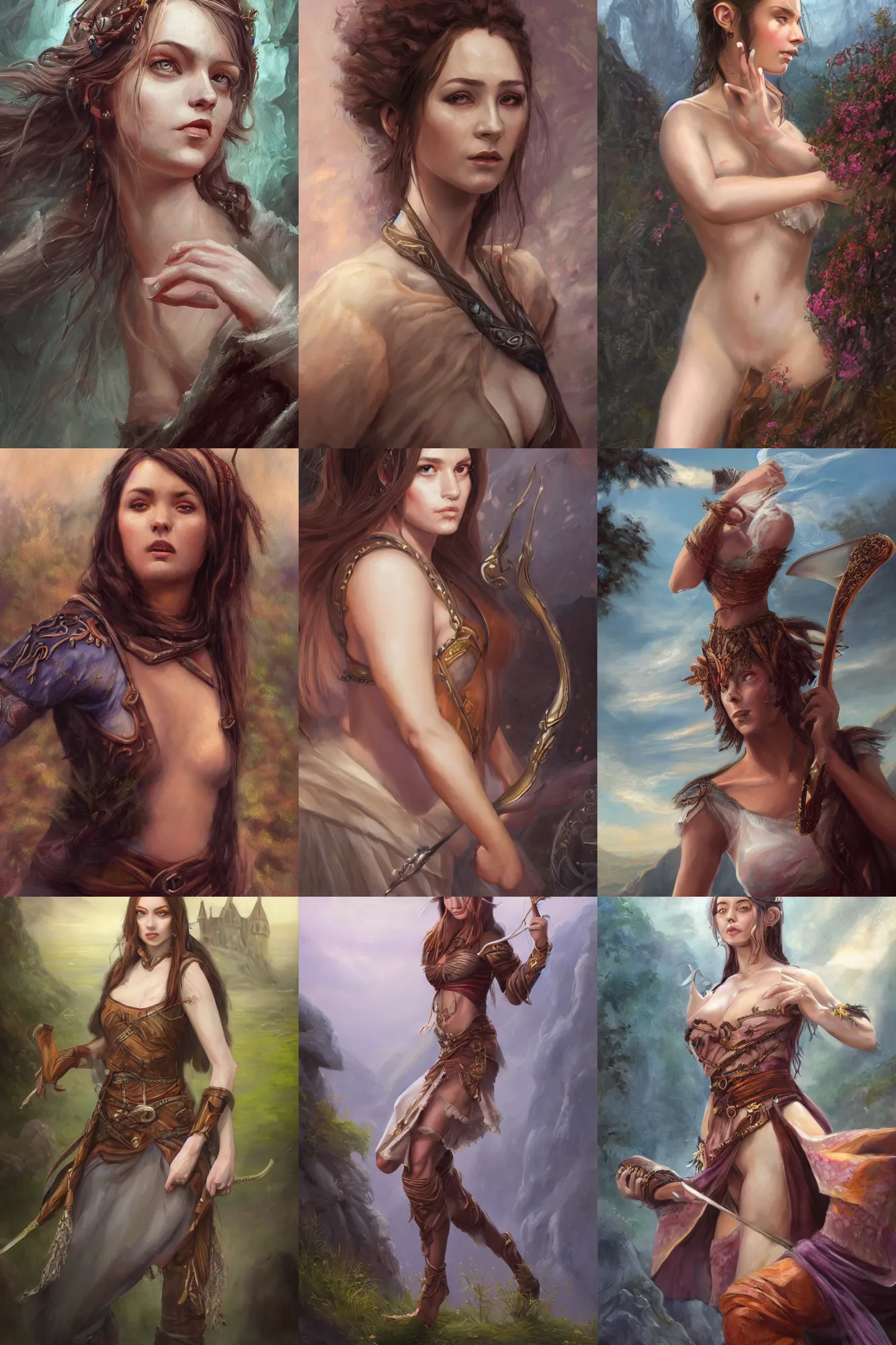 Prompt: a full body high detail fantasy portrait oil painting illustration of a single beautiful poised bard woman by justin sweet with face and body clearly visible, in a scenic background, pretty eyes, realistic proportions, d & d, rpg, forgotten realms, artstation trending, high quality, sombre mood, artstation trending, muted colours, entire person visible!