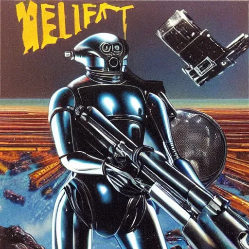 Prompt: 1 9 8 0's heavy metal album art, a shiny reflective detailed chrome android firing a giant rifle - style blaster rifle designed by ridley scott inside an alien spaceship