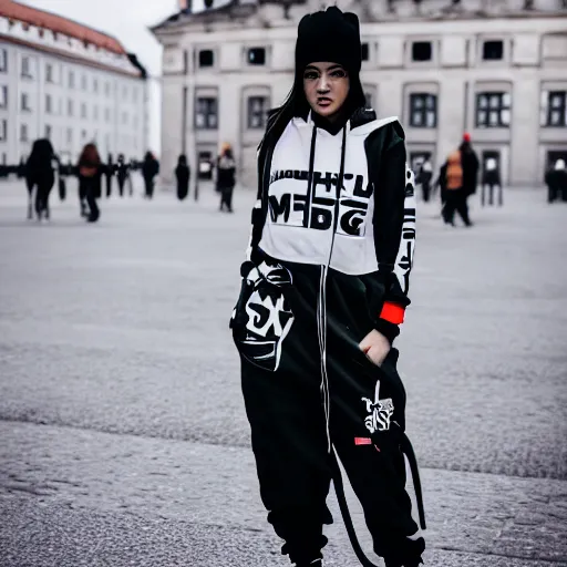 Prompt: photo of a female streetwear blogger in berlin from the year 1925, Fullbody color wideangle mediumshot dolly camera 4k 8k 130mm hd detailed, photo looks like it was taken in 2022