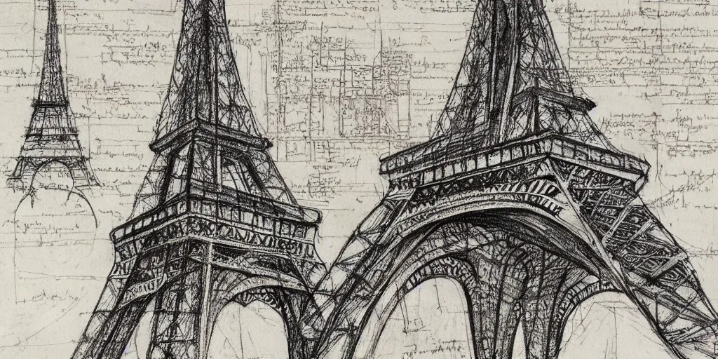 Image similar to architectural design studies of Eiffel Tower, different closeup view, drawn by Leonardo da vinci, ink draw, artistic, intricated