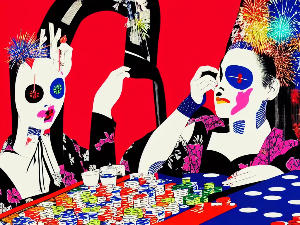 Image similar to hyperrealism composition of the detailed woman in a japanese kimono sitting at a poker table with slenderman, fireworks on the background, pop - art style, jacky tsai style, andy warhol style, acrylic on canvas