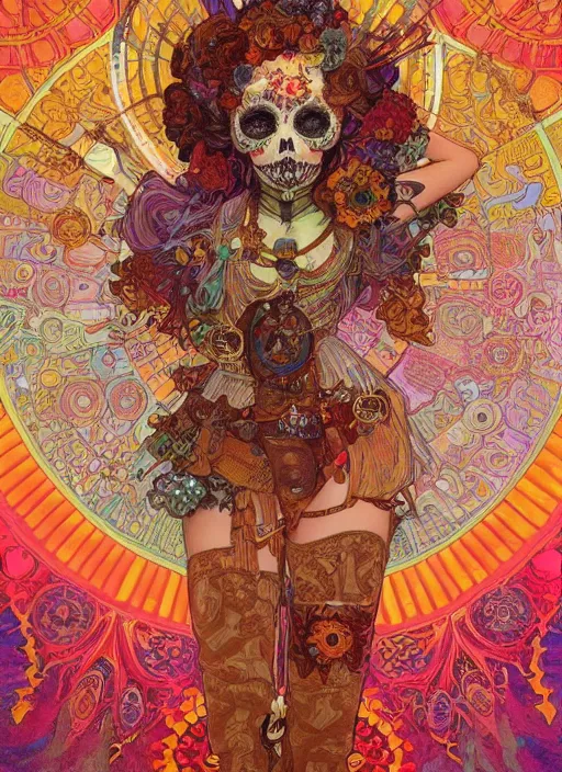 Image similar to realistic detailed psychedelic poster art of a cute steampunk android fractal Día de los Muertos girl dancing by Victor Moscoso Rick Griffin Alphonse Mucha Ayami Kojima Amano Charlie Bowater, masterpiece