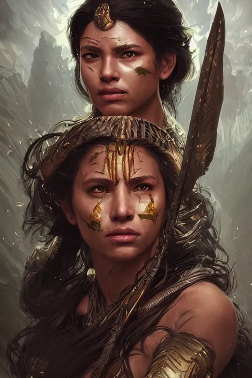 Image similar to portrait of a female Amazon warrior looking fierce and crying, sci-fi, fantasy, intricate, dramatic studio lighting, highly detailed, high contrast, backlit, cgsociety, artstation, octane render, unreal engine, concept art, sharp focus, art by artgerm and greg rutkowski and alphonse mucha