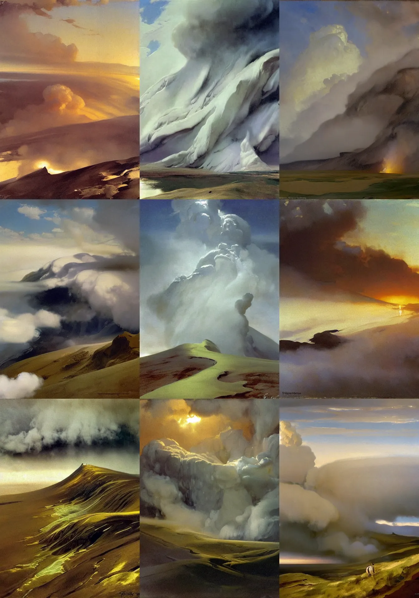 Prompt: painting by sargent and leyendecker and greg hildebrandt savrasov levitan kuindzhi aiwazovsky gorgeous fantasy landscape above the layered low clouds on iceland volcano eruption alaska overcast storm masterpiece