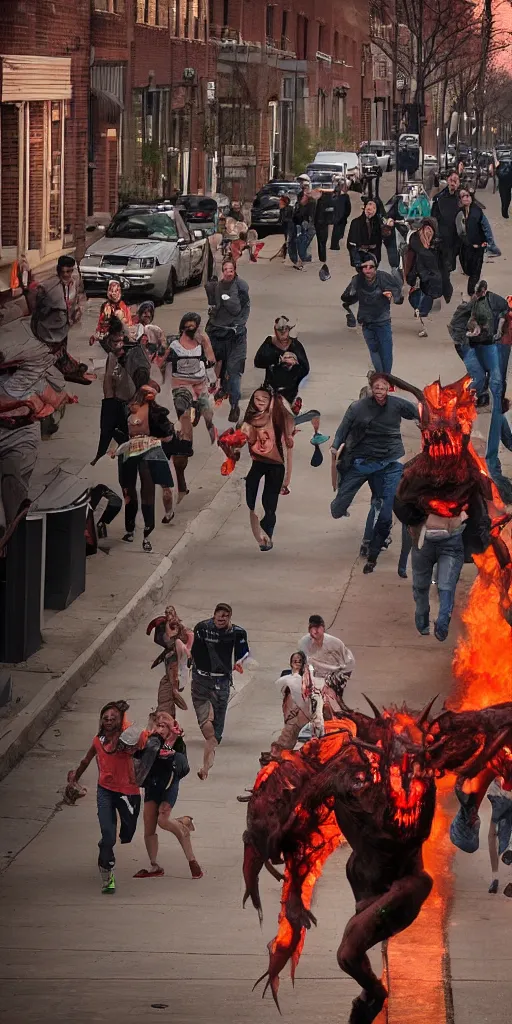 Prompt: horrifying and relentless demons hunt humans running down the street. The people being hunted are smiling with glee because this is the most exciting thing that has ever happened in Omaha.