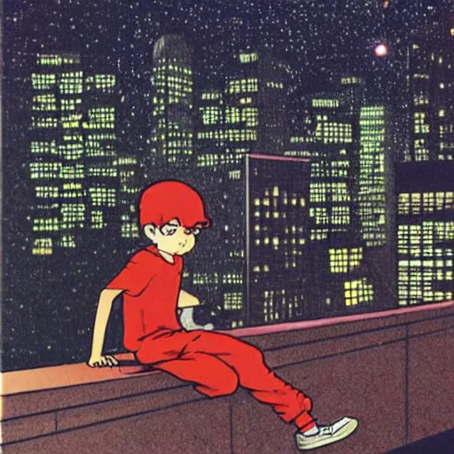 Image similar to a kid in a big city, sits on rooftop, watches a beautiful night full of stars and tech buildings, by satoshi kon and basil gogos