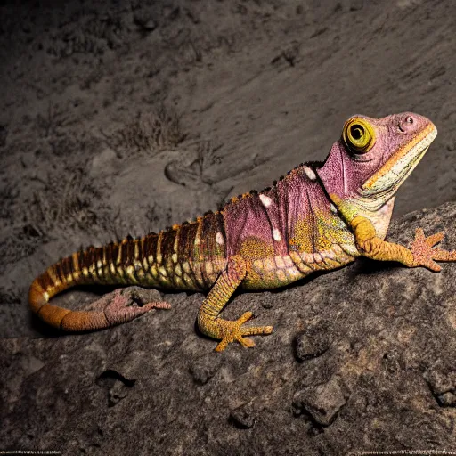 Image similar to An award winning photo of a single Tokay crocodile chameleon sitting on the back of an elephant, environmental portrait, wildlife photography, National Geographic, 4k