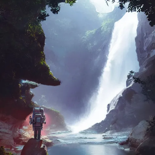 Image similar to an astronaut in a front of a large waterfall in a tropical forest, trending on artstation, masterpiece by greg rutkowski by ross tran by fenghua zho