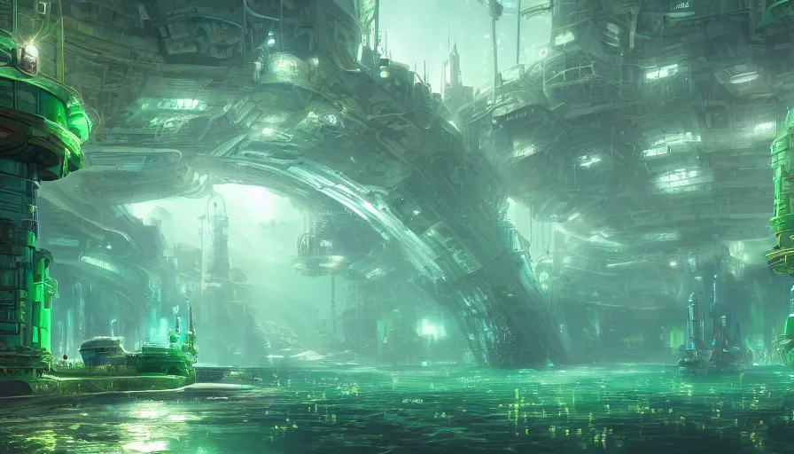 Prompt: Underwater city with a large luminous green alley and a dome on the horizon, some buildings around and highways, hyperdetailed, artstation, cgsociety, 8k