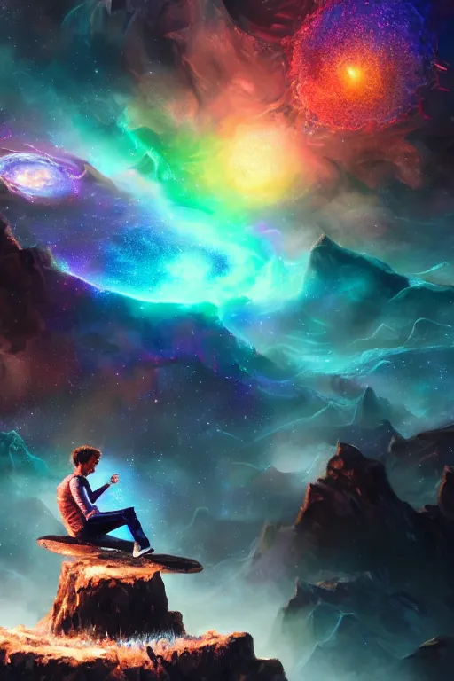 Prompt: galaxy bender experiencing the quantum field, elevated consciousness, beautiful astrological neural network, bob ross matte painting and tim burton comic book art, realistic, trending on artstation, sharp focus, depth of field, cinematic composition, physics splashes of colors, octane render, unreal engine, highly detailed