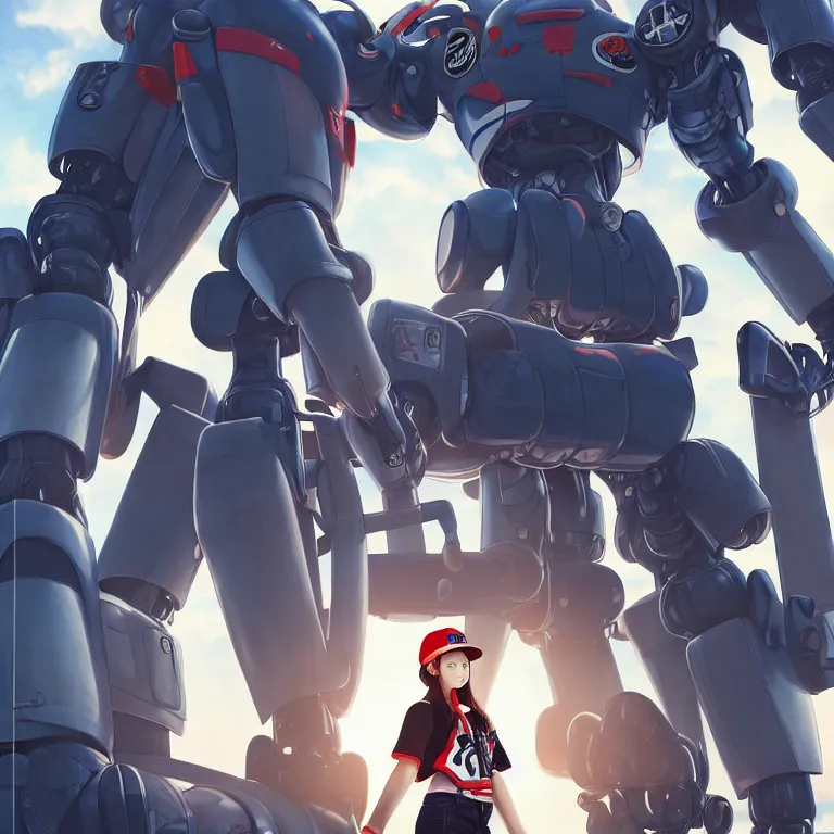 Prompt: a beautiful young woman wearing a baseball hat and bomber jacket, standing next to a giant japanese mecha robot, highly detailed, anime graphic illustration, aesthetic, gorgeous, stunning, soft lighting, sharp focus, trending on artstation, digital art.