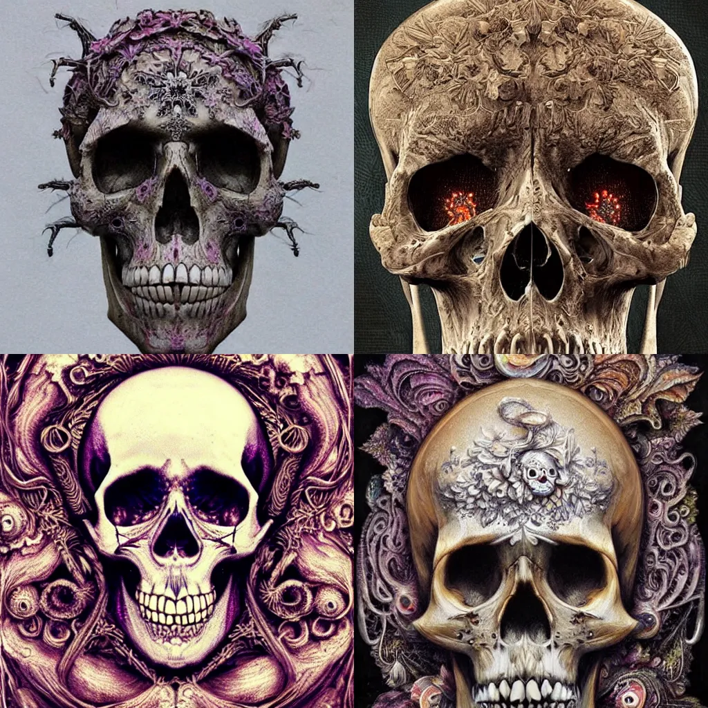 Prompt: skull made of fractal LSD and rococo DMT, style of Emil Melmoth, extremely detailed, insanely detailed and intricate, high detail, concept art, colorful, darkphilosophy, grimdark scifi vibes, evil fantasy vibes, occult vibes