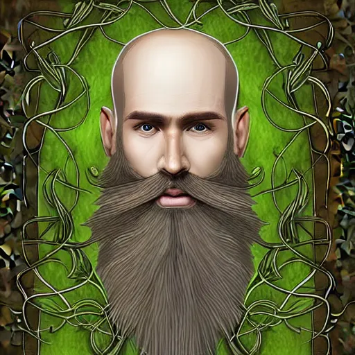 Prompt: bearded male druid gray skin pointy ears with vines as hair detailed fantasy digital art