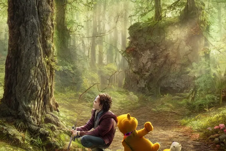 Prompt: adult frank dillane exploring the woods with winnie the pooh, beautiful, grand, wistful, hyperrealistic photograph by kim jung gi, extremely detailed, intricate linework, sharp focus, bright colors, octopath traveler, unreal engine 5 highly rendered, global illumination, radiant light, detailed and intricate environment, highly detailed face