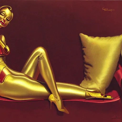 Image similar to a saucy reclining half human c3po by Gil Elvgren