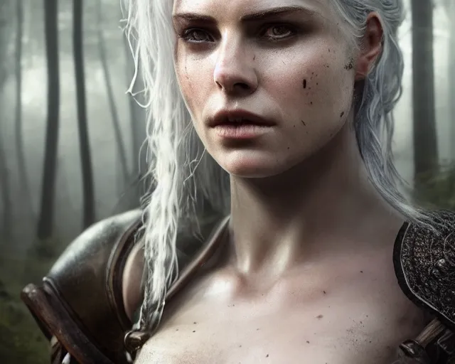 Image similar to 5 5 mm portrait photo of a real life tough looking freya allen as ciri in brown leather armor with silver hair and a large scar along her left cheek, in a magical forest. dark atmosphere. art by greg rutkowski. highly detailed 8 k. intricate. lifelike. soft light. nikon d 8 5 0.