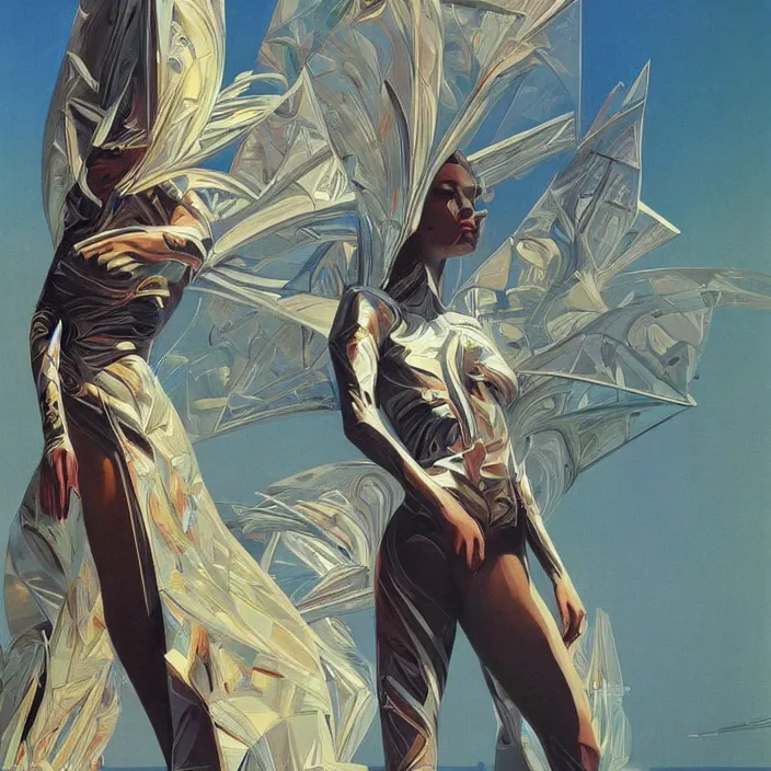 Prompt: slavic youth, full body, high fashion, futurism, aerodynamic, flowing, intricate, slick, highly detailed, digital painting, vogue, concept art, smooth, sharp focus, hd, art by syd mead and bruce pennington and annie leibovitz