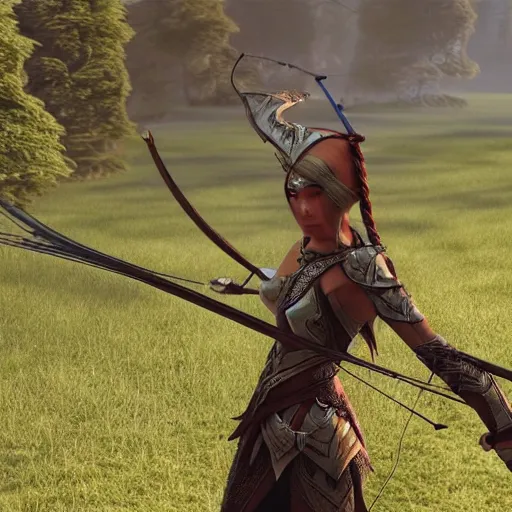 Image similar to elven archer, 3D, realistic, unreal engine, burning bow