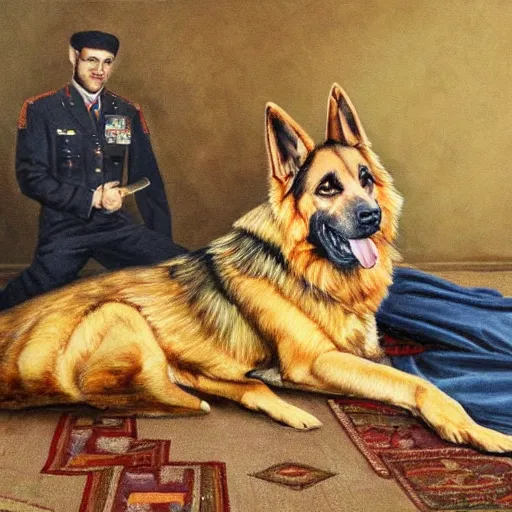 Image similar to a oil painting of a humanoid german shepherd beast - man, wearing military outfit, sitting on the carpeted floor beside a bed