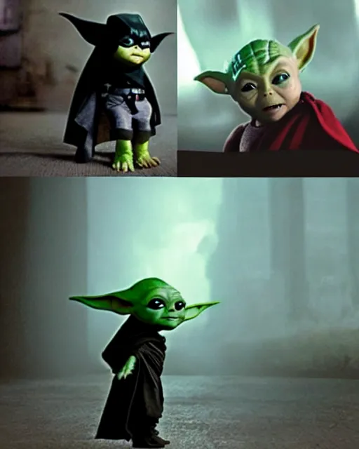 Image similar to epic action still of baby yoda as batman in the style of batman the dark knight rises