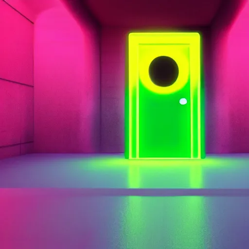 Prompt: neon palette, Pudsey Bear stepping out of the tardis, ridley scott universe, mysterious, ultrarealistic, cinematic lighting, 4k, wide angle, trending on artstation