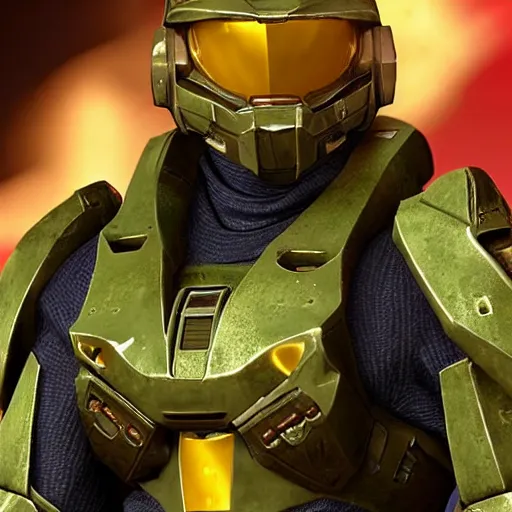 Image similar to Master Chief in McDonald's, photorealistic, HD, cinematic lighting