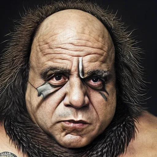 Prompt: danny devito as a barbarian warrior, legendary warrior, leather straps, tattoos, piercings, fur and leather armor, beautiful, sharp detail, photo realism, robin eley, oil painting