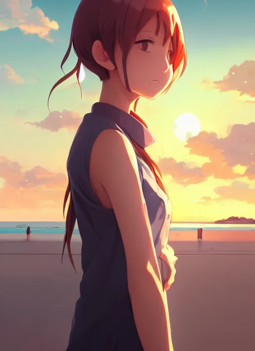 Image similar to side portrait of cute girl, sunset sky in background, beach landscape, illustration concept art anime key visual trending pixiv fanbox by wlop and greg rutkowski and makoto shinkai and studio ghibli and kyoto animation, futuristic wheelchair, symmetrical facial features, should eyes, future clothing, realistic anatomy, backlit, moegap yandere