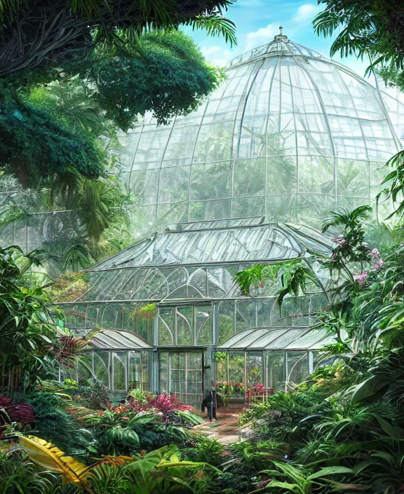 Image similar to an enormous conservatory greenhouse exterior, overgrown with exotic fungus, overgrown with huge ferns, cliff side, noon, sun drenched, partly cloudy, by dan mumford, yusuke murata, makoto shinkai, ross tran, cinematic, unreal engine, cel shaded, featured on artstation, pixiv