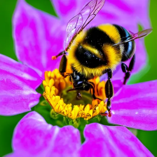 Image similar to an extreme close - up portrait of a bee on a flower, photographic filter, unreal engine 5, realistic, hyperdetailed, 8 k, cinematic, volumetric lighting, very realistic effect, hd, hdr, 4 k, sharp focus, octane render, ultra detailed, high resolution, trending on artstation in the style of albert dros glowing rich colors powerful imagery