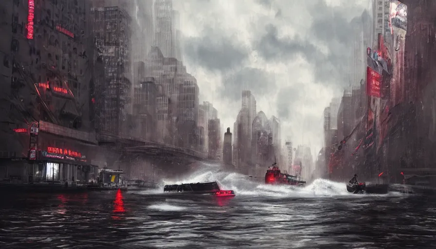 Image similar to rescue boat crossing new york city streets after a huge tsunami, cloudy sky, light, sirens, hyperdetailed, artstation, cgsociety, 8 k