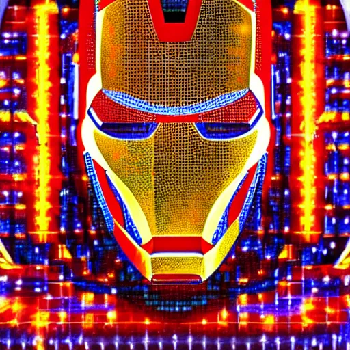 Image similar to mosaic portrait of iron man with robot ears by Saimir Strati, 4k, intricate details, neon lights