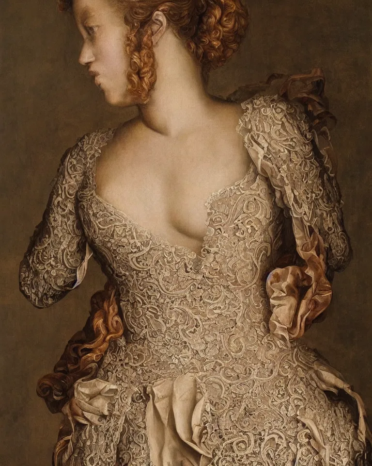 Prompt: a renaissance styled baroque hyperrealistic painting of an anatomically correct woman wearing an intricate lace corset by aj hamilton