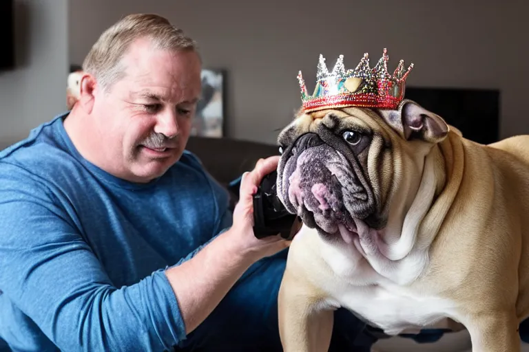 Prompt: a graying middle aged homless man playing xbox and petting an english bulldog wearing a crown, dog wearing a crown