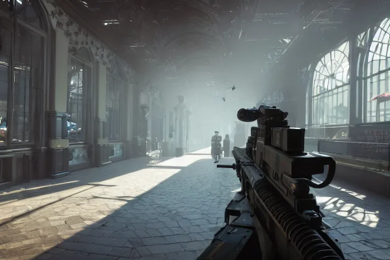 Image similar to first person point of view of a gunner on a victorian shopping mall, cinematic lightning, ray tracing, unreal engine 5, photorealistic, 8 k, uhd, 4 k, call of duty game concept, extremely detailed, beautiful, elegant, intricate, foggy, in - game footage