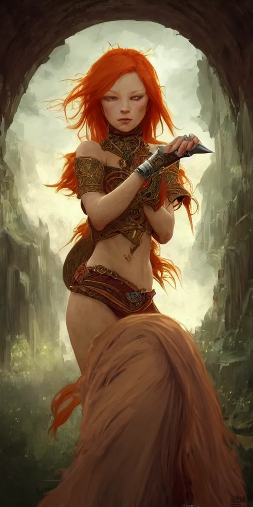 Image similar to ginger girl with problems dringing in an ancien taver and playing with a knife, magic the gathering, ancient, sand, emerald, intricate, highly detailed, digital painting, artstation, concept art, smooth, sharp focus, illustration, Unreal Engine 5, 8K, art by artgerm and greg rutkowski and alphonse mucha