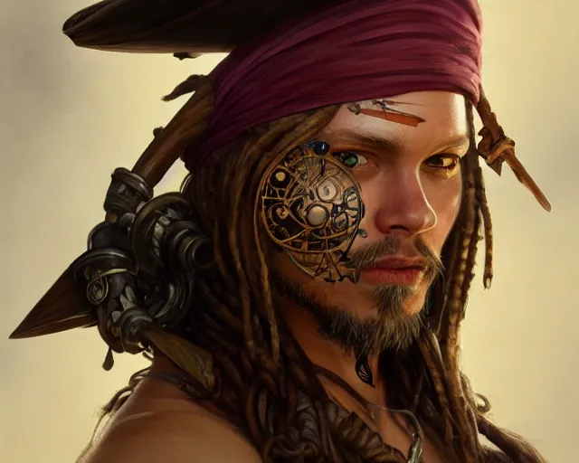 Prompt: close up of a pirate with scars and a face tattoo depicting neural networks and ai, deep focus, d & d, fantasy, intricate, elegant, highly detailed, digital painting, artstation, concept art, matte, sharp focus, illustration, hearthstone, art by artgerm and greg rutkowski and alphonse mucha