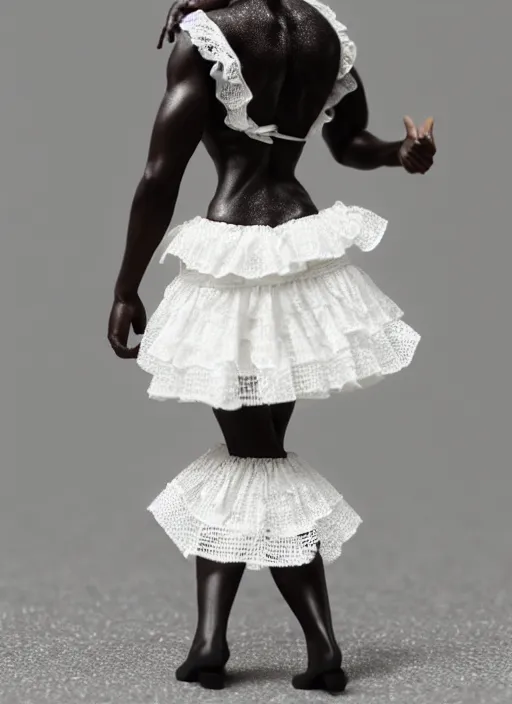 Image similar to Product Introduction Photos, 4K, Full body, 80mm resin detailed miniature of a Muscular Black Woman in white and lacy ruffled mini-skirt