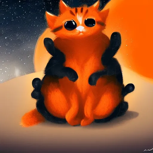 Prompt: A fuzzy orange cat sitting on planet earth, space with stars in the background, trending on artstation