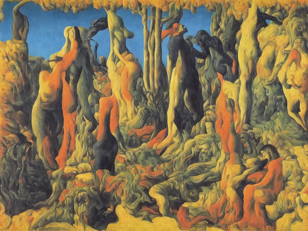 Prompt: Scene from a Romanian movie. Painting by Rene Magritte, Jean Delville, Max Ernst, Maria Sybilla Merian