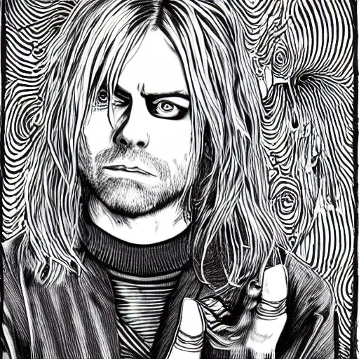 Prompt: Kurt Cobain in the style of Junji Ito. Manga. Black and white. Gothic. Horror. Exquisitely detailed. 4K.