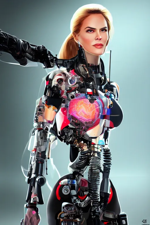 Image similar to mix of beautiful young maria shriver, mariel hemmingway, brooke shields, nicole kidman and elle macpherson as a cyborg terminator, thin lips, hair tied up in a pony tail, dark blonde hair, colorful, artstation, cgsociety